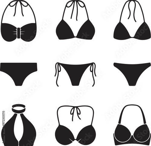Varied swimwear styles displayed in black and white illustration