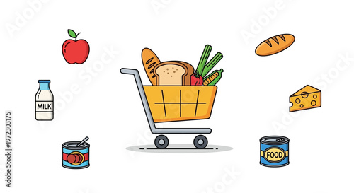 Shopping cart with grocery items inside.