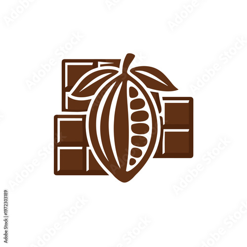 Minimalist Brown Vector Logo - Cocoa Pod with Chocolate Bar and Leaves, Flat Design Chocolate Illustration