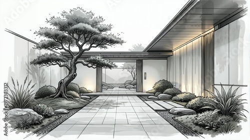 Minimalistic entrance in Japanese aesthetics. Sketch.