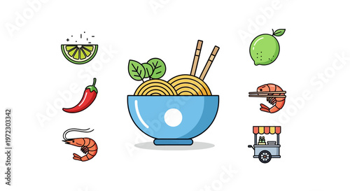 Colorful illustration of noodle bowl food.