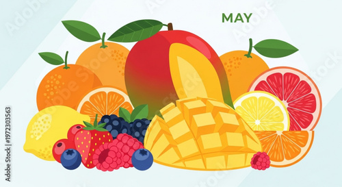 Colorful assorted fresh fruits arrangement with mango berries citrus and apples on a light background for healthy eating and nutrition concepts