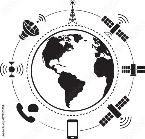 Global connectivity through various communication technologies surrounding earth