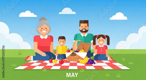 Happy family having outdoor picnic on red and white checkered blanket in green field with blue sky