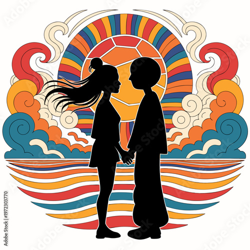 Vector illustration, colorful couple silhouette, sunset background, romantic graphic