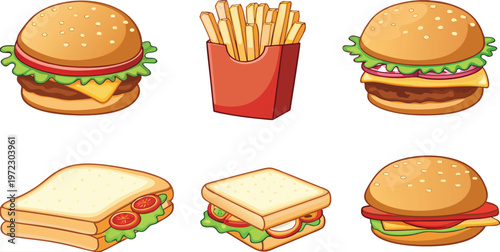 A vector-style cartoon illustration showing five classic fast food and sandwich items vector.