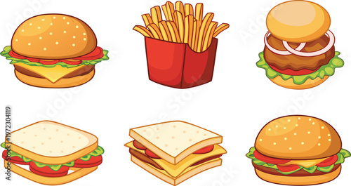 A vector-style cartoon illustration showing five classic fast food and sandwich items vector.