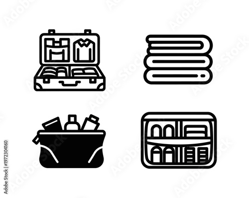 Comprehensive illustration of efficient travel organization open suitcase with essentials, folded garments, toiletry pouch, and detailed luggage organizers for a smooth journey