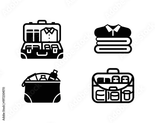Collection of travel luggage and travel essential icons showcasing packing for a trip