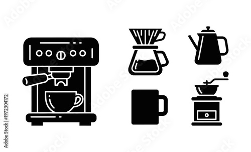A Comprehensive Vector Icon Collection of Coffee Brewing Tools and Espresso Machine Accessories for Cafe Menus and Beverage-Related Designs