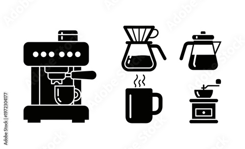 Collection of black and white line art icons representing coffee making equipment, including an espresso machine, pour-over coffee maker, Moka pot, mug, and coffee grinder