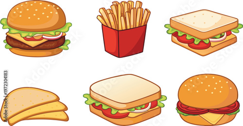 A vector-style cartoon illustration showing five classic fast food and sandwich items vector.