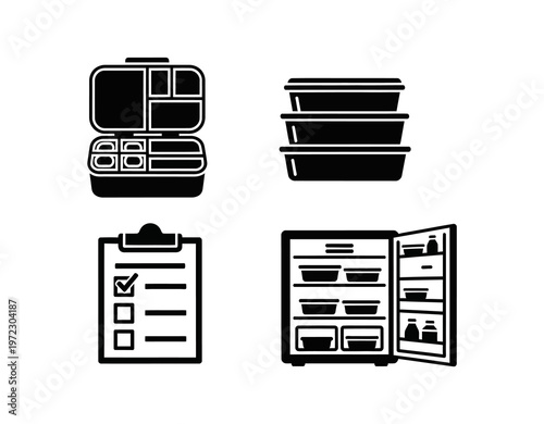 Organize your healthy eating routine with this essential icon set for meal preparation and food storage, including containers, a planning checklist, and a refrigerator