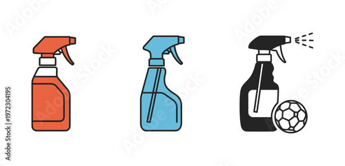 Vibrant set of spray bottle icons illustrating diverse cleaning solutions, household liquid dispensers, and specialized sanitizers for sports equipment and general hygiene applications