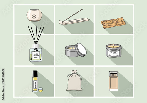 Isolated editable svg of various aromatic products on a clean layout