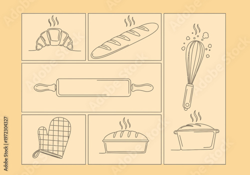 Editable isolated vector illustrations of baking icons on white background including croissant, bread, rolling pin, whisk, and oven mitt for baking designs