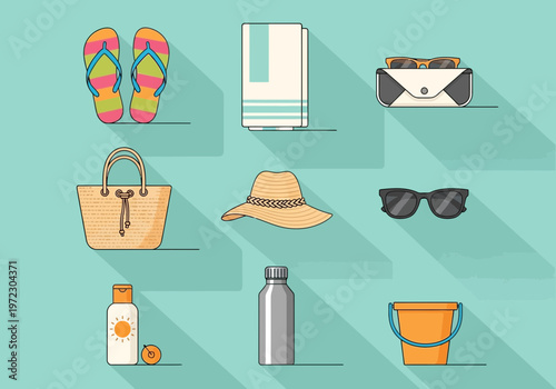 Beach vacation items isolated on a clean background in editable svg format for planning a summer getaway with accessories like footwear, bag, and drinks