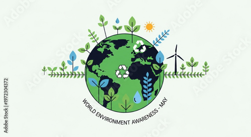 Earth surrounded by greenery and flowers with wind turbine for world environment awareness month