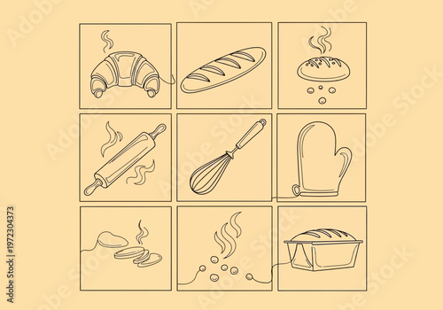 An editable svg illustration of various baking tools and bread on a kitchen table with isolated elements
