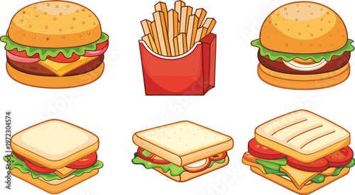 A vector-style cartoon illustration showing five classic fast food and sandwich items vector.