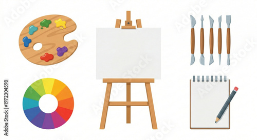 Artistic tools and supplies including a painter's palette, color wheel, easel, carving tools, and sketchbook with pencil