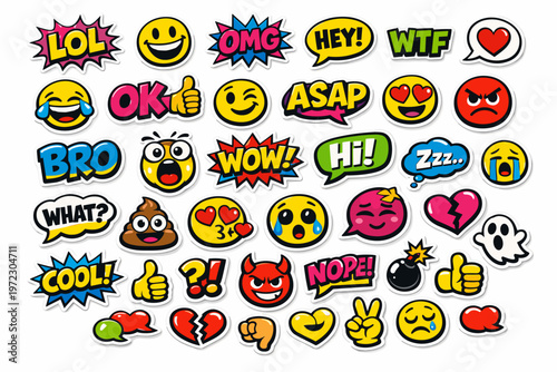 Big Set of Colorful Funny Emojis and Expression Stickers with Text