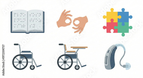 Diverse Disability and Accessibility Icons Set Empowering Vector Collection Illustrating Support for Braille, Sign Language, Mobility, and Hearing Needs