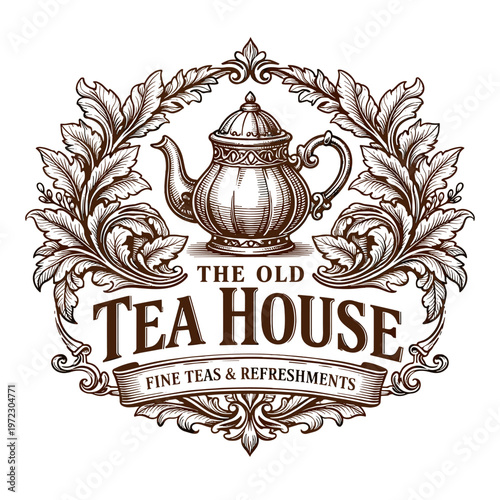 Vintage Tea House Logo with Teapot and Ornate Laurel Wreath – Classic Ornamental Vector Illustration