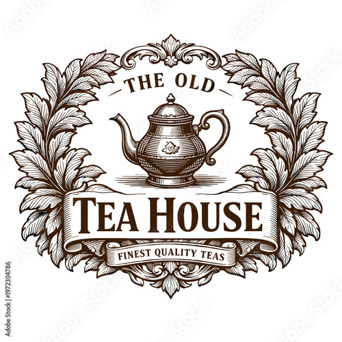 Vintage Tea House Logo – Classic Ornate Victorian Style Emblem with Teapot, Laurel Wreath and Ribbon Banner: The Old Tea House – Finest Quality Teas