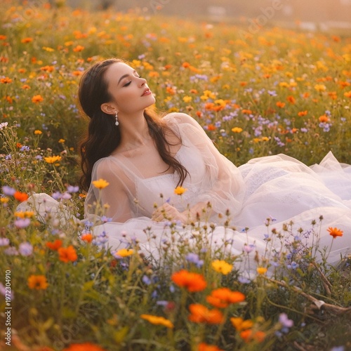 Serene Woman Lying in a Vibrant Wildflower Field