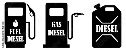 Diesel fuel pump and gas station icons, black silhouette vector set of petroleum dispensers and jerrycan, industrial energy and automotive refueling symbols for transport logistics