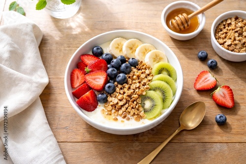 Top down view of a Healthy Yogurt Bowl with Fresh Fruits and Granola