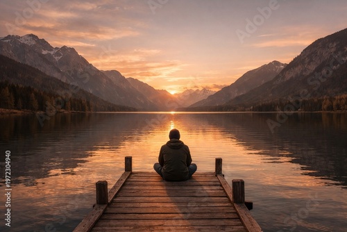 Man sitting on a wooden dock watching the sunset over a mountain lake 