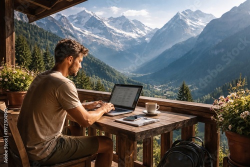 Man working on laptop on a balcony overlooking a mountain valley