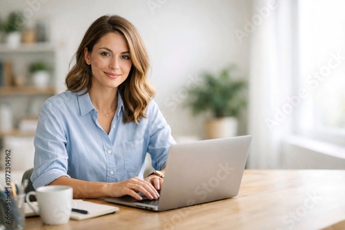 Smiling woman in a blue shirt working on laptop at home office