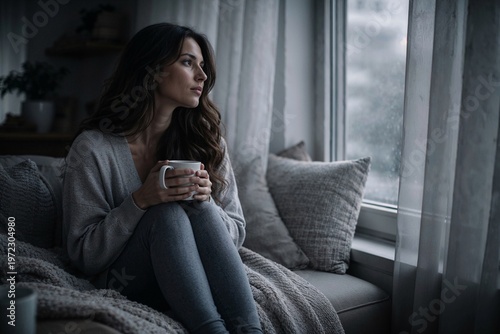Pensive lonely woman sitting by the window with coffee mug, concept for mental health