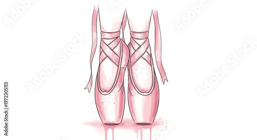 Ballet pointe shoes, pink satin, tied ribbons, dance footwear