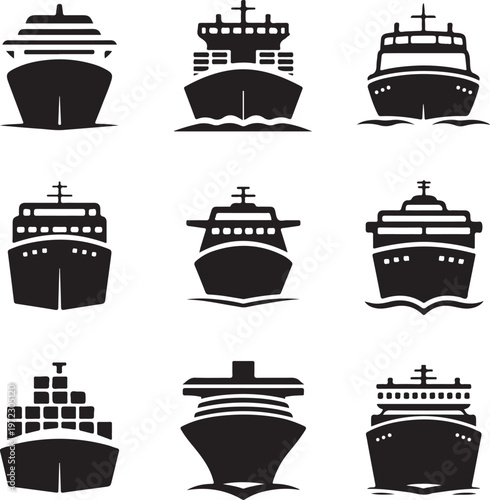 Nine distinct types of ships illustrated in black and white silhouette.