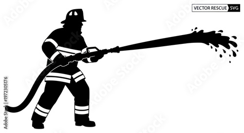 Firefighter Silhouette Spraying Water From Hose, Emergency Response