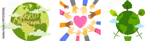 World Environment Day vector set, eco friendly earth globe with trees and clouds, diverse hands reaching for pink heart, green planet conservation icons