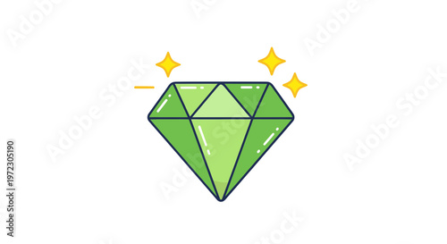 Green diamond sparkling with light, precious gem illustration, vector graphic