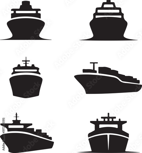 Six distinct silhouettes of various types of maritime vessels in black and white