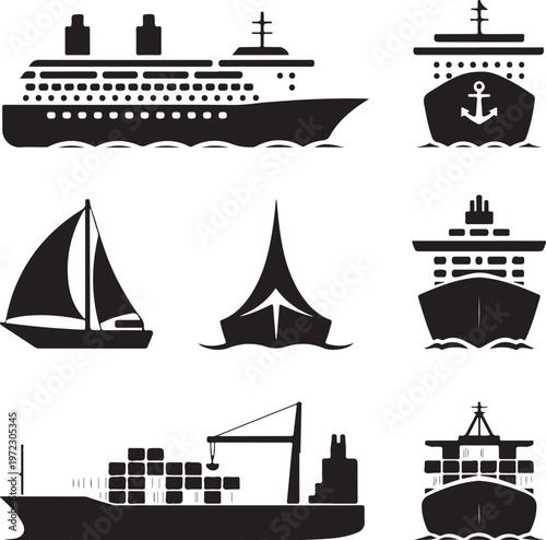 Variety of ships and vessels depicted in a stylized black and white illustration