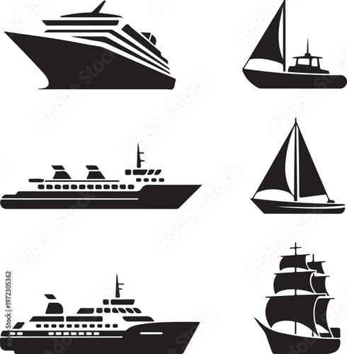 Variety of iconic ships sailing across the seas in silhouette style