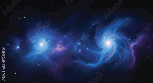 Two interacting spiral galaxies swirling together in the vast darkness of deep outer space Vector