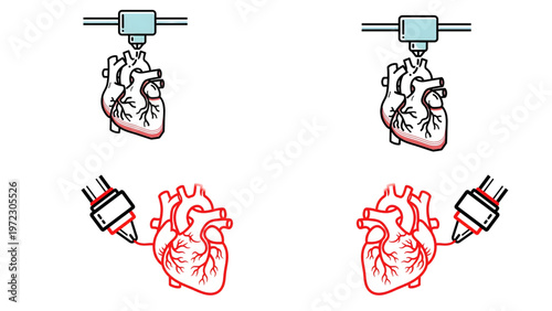 3D Bioprinting Human Heart Icons Set Representing Robotic Organ Engineering Synthetic Transplant Development and Future Medical Technology