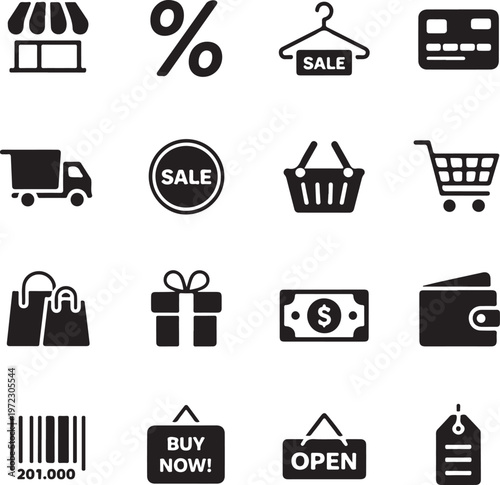 Collection of icons representing various shopping and sale themes