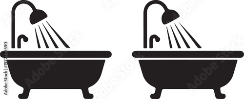 Two illustrations of bathtubs with showers in contrasting styles