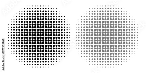 Set of halftone dots gradient pattern texture isolated on white background. Straight dotted spots using halftone circle dot raster texture.