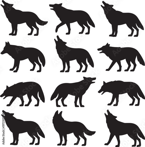 Collection of diverse wolves in various stances and silhouettes